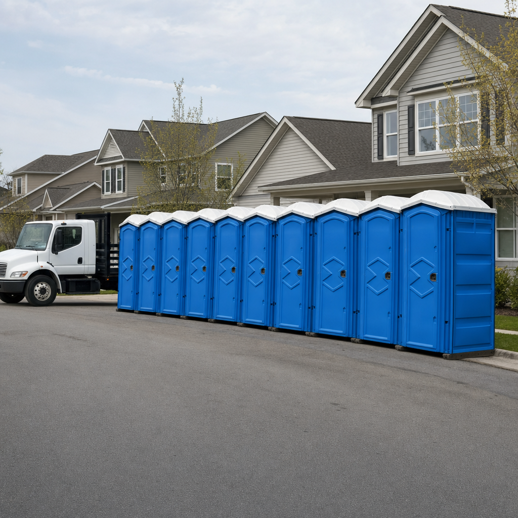 Royal blue portable toilets staged in a tidy row at a New Haven jobsite, ready for delivery